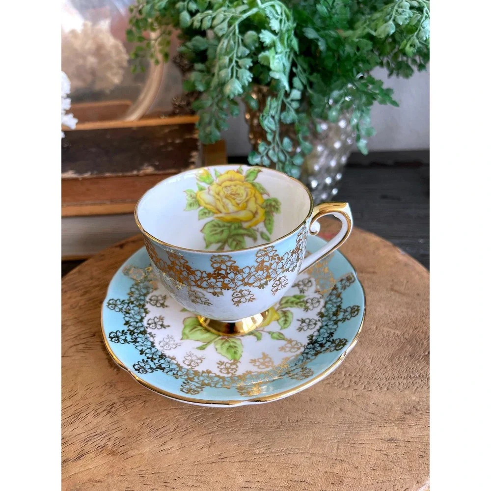 Vintage Stanley Bone China Teacup Saucer Yellow Rose Blue Gold England - Picture 2 of 10